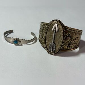 Southwestern Arrow Feather Cuff Faux Turquoise Stone Cuff Bracelet Lot